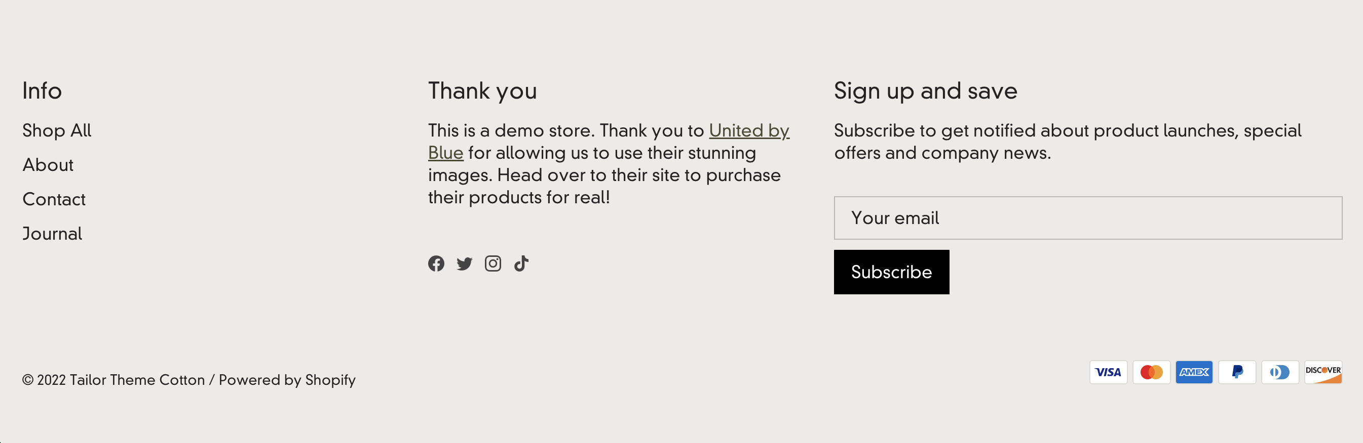 footer in tailor cotton demo with menu text and newsletter signup.png
