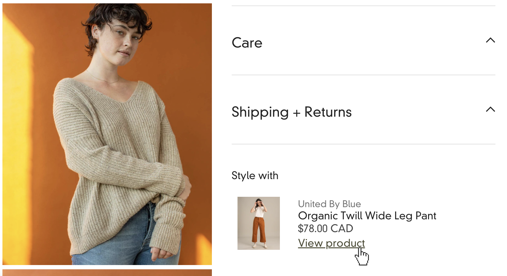 sweater paired with wide leg pant product using product upsell block.png