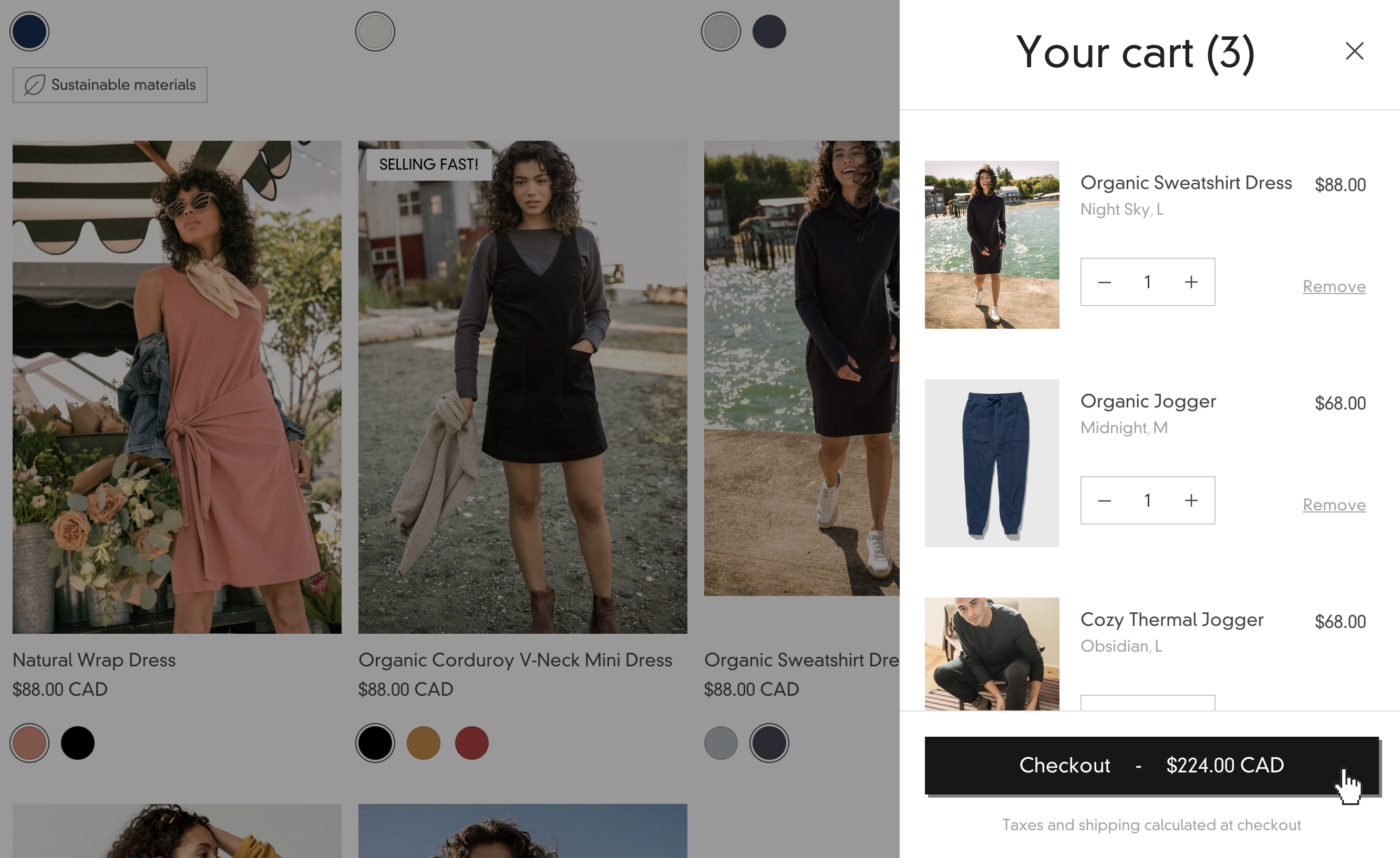 slide-out style cart showing three items and cursor selecting checkout.png