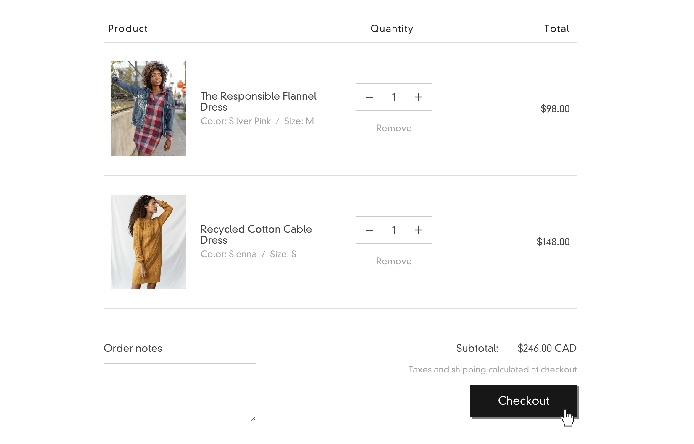 cart page with two clothing items and details.png