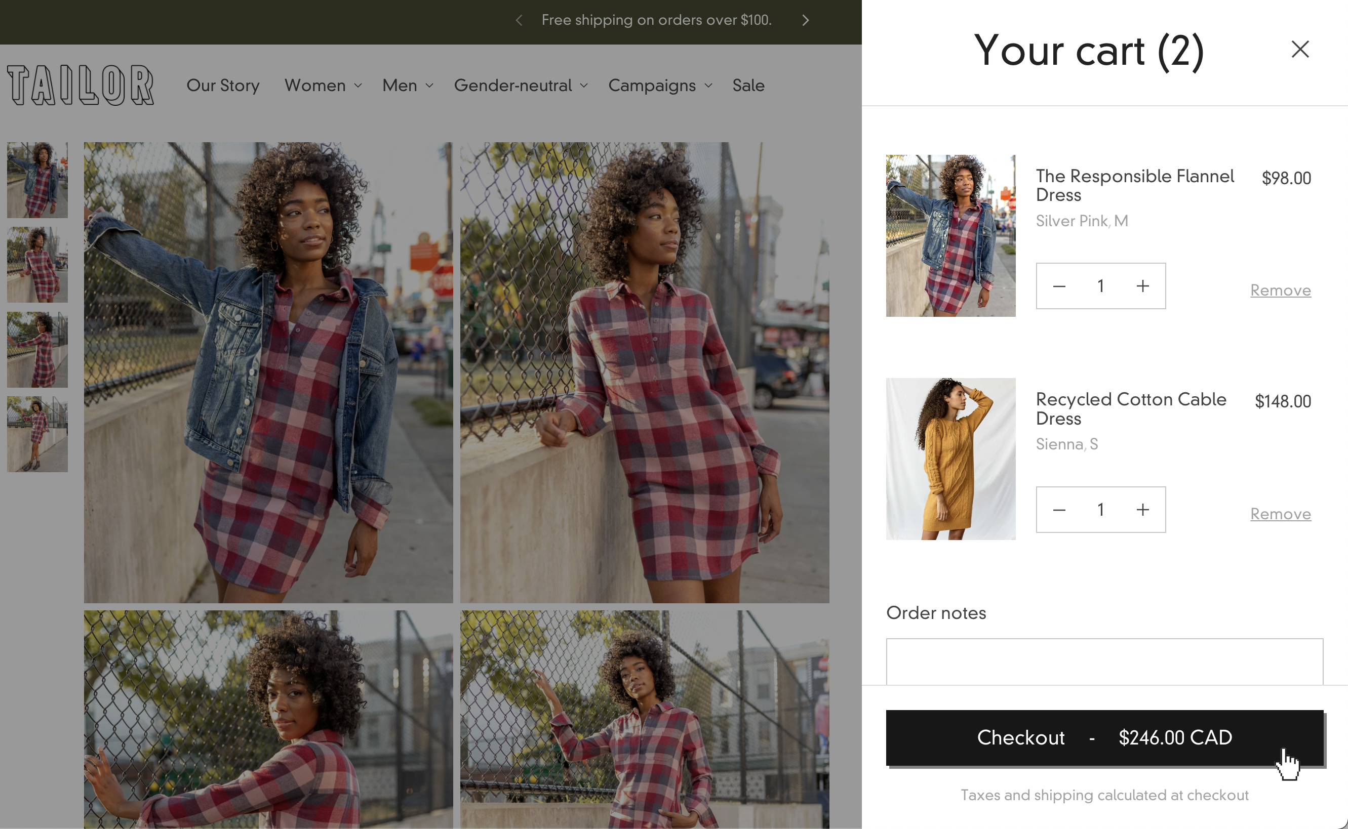 cart drawer with two clothing products and checkout button being clicked.png