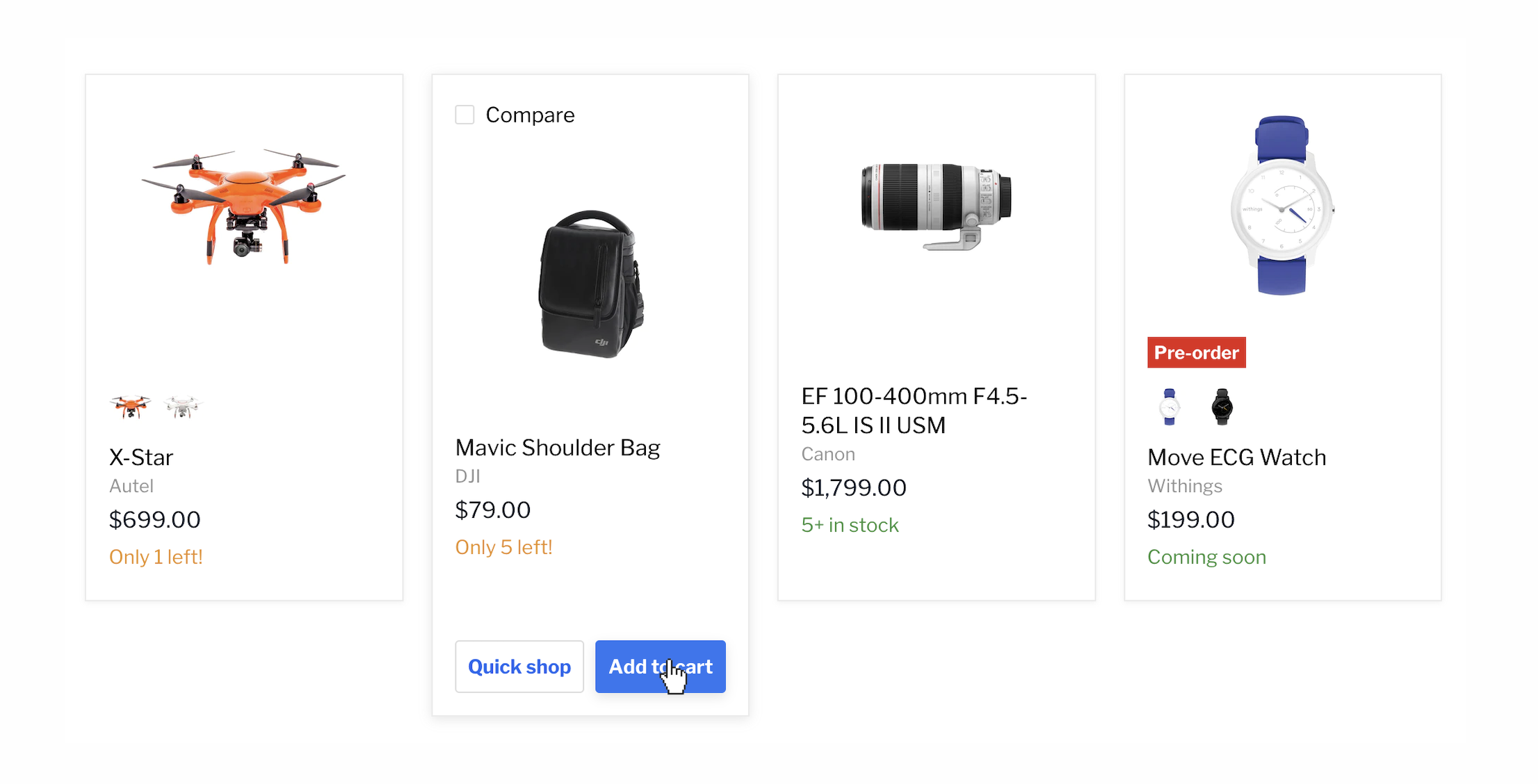 four products with varying stock levels and coming soon labels.png